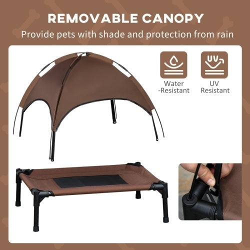 PawHut Raised Dog Bed Waterproof Elevated Pet Cot With Breathable Mesh UV Protection Canopy Brown, For Medium Dogs, 76 X 61 X 73cm
