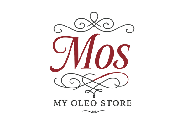 create trasparent logo  with fancy look Mos written on it in red colour and My Oleo Store written on the bottom of the bag in a single line and in small font in black colour.